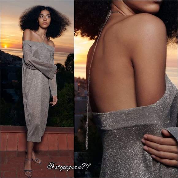 Zara Dresses & Skirts - NWT, ZARA, KNIT METALLIC SHIMMER HALTER MIDI DRESS IN SILVER